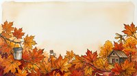 Autumn leaves border with coffee cup and farmhouse cottage on cream background, isolated design element for fall seasonal projects and thanksgiving marketing materials.