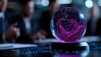 Futuristic holographic sphere with purple neural network patterns floating above digital interface in modern tech environment for business presentations.