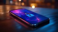Smartphone displaying glowing padlock icon on screen with blue and purple cybersecurity concept background in dark ambient lighting with bokeh effects.