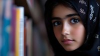 Young Middle Eastern woman wearing traditional black hijab with floral pattern looking directly at camera with warm brown eyes in soft natural lighting.