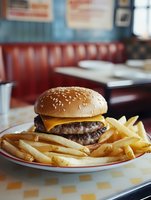 Juicy cheeseburger with melted cheese and sesame seed bun served with crispy french fries on white plate in classic American diner setting with red booth seating.