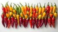 Colorful fresh chili peppers arranged in gradient rows from red to yellow to orange to green on light background, showing variety of hot peppers in vibrant display.