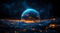 Planet Earth rising over glowing city lights at night, cosmic space view with stars and blue nebula clouds, atmospheric digital art landscape.