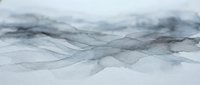Abstract watercolor landscape with flowing organic lines and soft gray blue tones creating ethereal mountain-like forms on textured paper background.