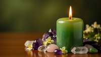 Green candle burning with healing crystals amethyst rose quartz and flowers on wooden surface for meditation spa wellness aromatherapy relaxation spiritual energy.
