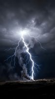 Powerful lightning bolt strikes ground during intense thunderstorm with dramatic dark clouds and smoke plume rising from desert landscape, conveying raw natural force and weather phenomena.