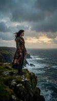 Young woman in traditional ethnic coat standing on dramatic coastal cliff overlooking stormy ocean waves under moody cloudy sky at sunset.