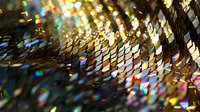 Shimmering holographic sequins create mesmerizing rainbow reflections and bokeh effect against dark background, macro photography showing intricate texture and light play.