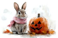Adorable bunny wearing pink scarf sits next to carved Halloween pumpkin with autumn leaves on watercolor background, seasonal holiday art composition.