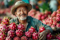 Senior Asian farmer smiling among harvested dragon fruit at local market, wearing straw hat and work shirt surrounded by vibrant pink produce.