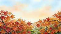 Vibrant autumn foliage with red and golden maple leaves framing a serene garden pathway and distant gazebo during fall season.