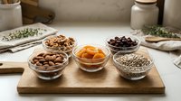 Assorted nuts, dried fruits and seeds in glass bowls on wooden board. Healthy snacking, organic food ingredients for cooking and baking recipes.