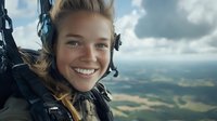 Young female paragliding pilot with radiant smile soars above scenic landscape, wearing professional headset and gear against dramatic cloudy sky and green fields below.