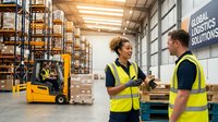Two warehouse workers in safety vests discussing logistics operations in modern distribution center with forklift and storage racks in background.