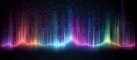 Vibrant multicolored aurora-like light waves with vertical beams against dark background, glowing neon spectrum effect creates dynamic motion and energy flow.