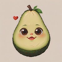 Cute kawaii avocado character with big eyes, rosy cheeks and sweet smile floating next to tiny red heart on beige background. For stickers and children designs.