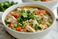 Asian chicken soup with rice noodles, green peas, fresh cilantro and diced tomatoes in white ceramic bowl, close up view on marble surface.