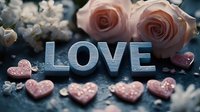 Romantic composition with metallic LOVE text, pink roses and glittery heart decorations on dark background, creating tender mood for Valentine's day cards and celebrations.