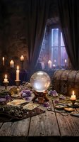 Mystical fortune teller setup with crystal ball, tarot cards, amethyst crystals and candles in atmospheric candlelit room for divination and spiritual practices.