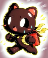 Cute cartoon black cat character with big eyes wearing yellow scarf and red backpack running energetically against glowing background with lightning effects.