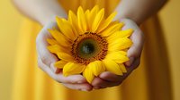 Gentle cupped hands holding bright yellow sunflower bloom against yellow background, symbolizing care, nature connection and summer warmth in minimalist composition.