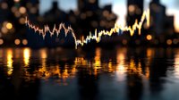 Glowing stock market chart line reflected on water surface against blurred city lights background, creating dramatic financial visualization effect.