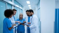 Diverse medical team of doctors and nurses collaborating in modern hospital corridor, reviewing patient charts and discussing treatment plans together.