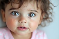 Close-up portrait of a toddler with curly hair, heterochromia eyes, and tears on cheeks, wearing pink clothing against soft background.