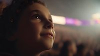 Young Hispanic girl with curly hair looking up in wonder at stadium lights during evening event, crowd visible in soft focus background.