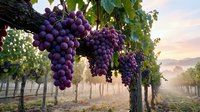 Ripe dark purple grapes hanging from vine in vineyard at sunrise, ready for harvest and wine production.