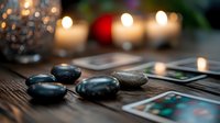 Tarot cards and black massage stones on wooden table with glowing candles creating mystical atmosphere for spiritual reading and healing session.