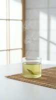 Hot steaming green tea in glass cup on bamboo mat by sunny window creating peaceful morning atmosphere for relaxation and wellness rituals.