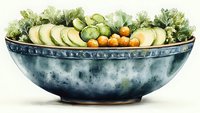 Fresh vegetables and fruits arranged in rustic blue ceramic bowl. Green leafy vegetables, sliced zucchini, limes, and small citrus fruits create healthy food composition.