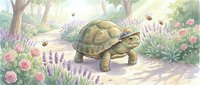 Watercolor tortoise walking on garden path surrounded by blooming roses, lavender flowers and buzzing bees in peaceful natural setting.