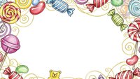 Colorful candy frame with lollipops, wrapped sweets and gummy bears creating decorative border on white background for confectionery designs and party invitations.