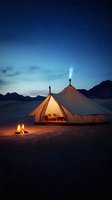 Illuminated luxury glamping tent in desert landscape at dusk with campfire and starry sky, mountains silhouetted against blue twilight horizon, smoke rising from chimney.