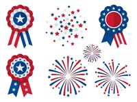Patriotic award badges and fireworks in red, white, and blue isolated on transparent background, ready for Fourth of July designs, celebration graphics, and holiday marketing materials.