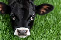 Close-up portrait of young black Holstein dairy cow face with white nose marking peering through fresh green grass. Artistic farm animal photography for agriculture.