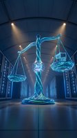 Futuristic holographic scales of justice with AI symbol in modern data center representing artificial intelligence legal technology and digital law concepts.