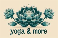 Decorative lotus flowers arrangement in teal blue with stylized text yoga and more on beige background, spiritual wellness center branding element.