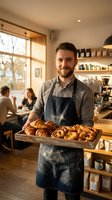 Male baker with beard wearing checkered shirt and denim apron holding wooden tray of fresh croissants in modern cafe with customers and shelves of products.