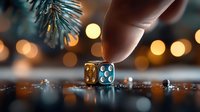 Metallic gaming dice with blue dots on reflective surface against blurred Christmas lights and pine branches, creating atmospheric bokeh effect.