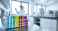 Female scientist in white lab coat conducting research with colorful test tubes in modern laboratory for medical analysis and chemical experiments.