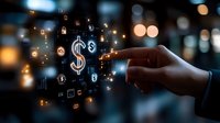Hand touching glowing dollar sign with financial icons in digital network. Business technology concept for banking, investment and economic growth.
