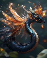 Mystical dragon with glowing feathers and scales in dark blue and orange colors against blurred background with bokeh lights, fantasy creature design.