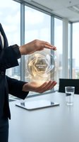 Businessperson in dark suit holding glowing IT governance model hologram with compliance workflows in modern office boardroom.