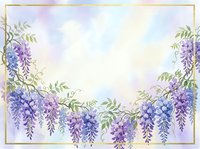 Watercolor wisteria flowers frame with purple blooms and green leaves on soft pastel background. Floral border design for invitations and cards.