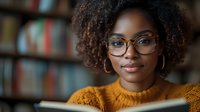 Young African American woman with natural curly hair and glasses smiling while reading in library. Wearing mustard yellow sweater. Professional portrait capturing authentic learning moment.