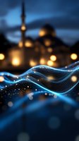 Abstract digital wave pattern with glowing blue particles against blurred mosque silhouette at dusk, illuminated by warm lights creating magical atmosphere.