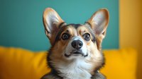 Adorable Pembroke Welsh Corgi dog with bright eyes and perked ears looking up against vibrant yellow and teal background, showing curious expression.